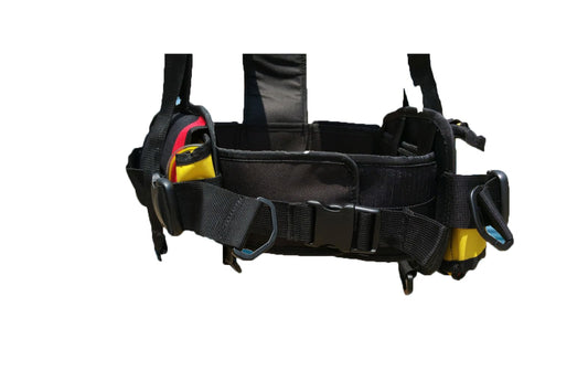 AKM Sports Professional Scuba Diving Weight Harness, Black and Yellow, Adjustable with Strobe Light Holder and Quick-Release Ditch Pockets (Large)