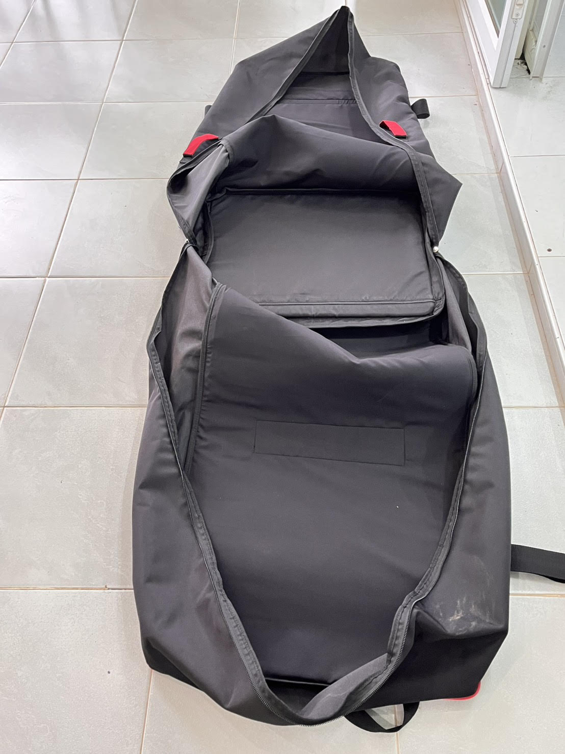 Seal Products Universal Mobility Device Travel Flight Cover, Black with Red Accents, Wheeled Storage Bag for Wheelchairs and Scooters, Protective Transport Case with Interior Dimensions 39" x 18" x 22